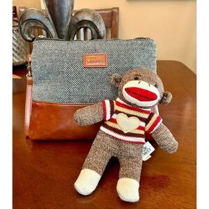 FUNKY MONKEY-"Erika" Wristlet/Cosmetic Bag in Tweed & Faux Leather/BONUS MONKEY